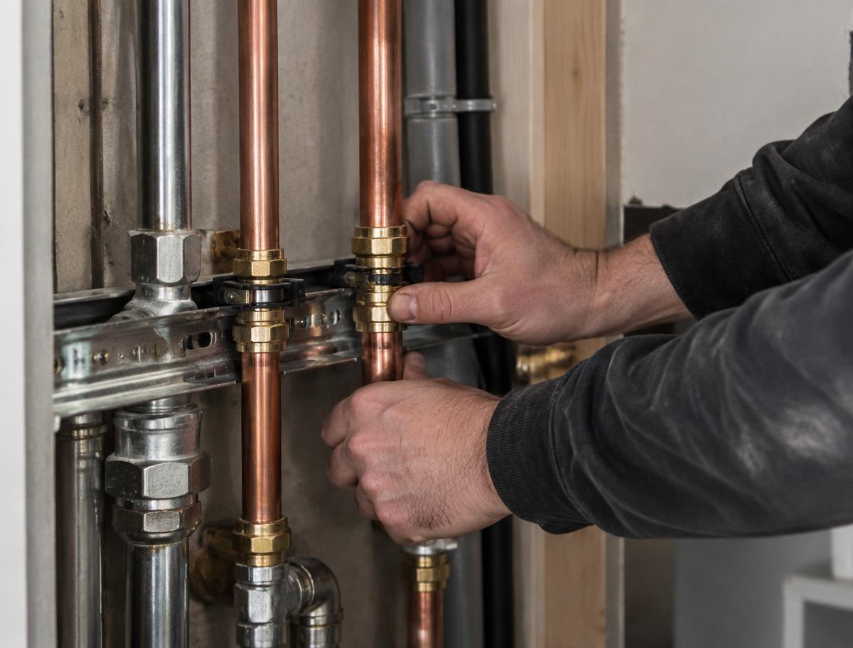 Illustratief detail van zorgvuldig gemonteerde technische leidingen