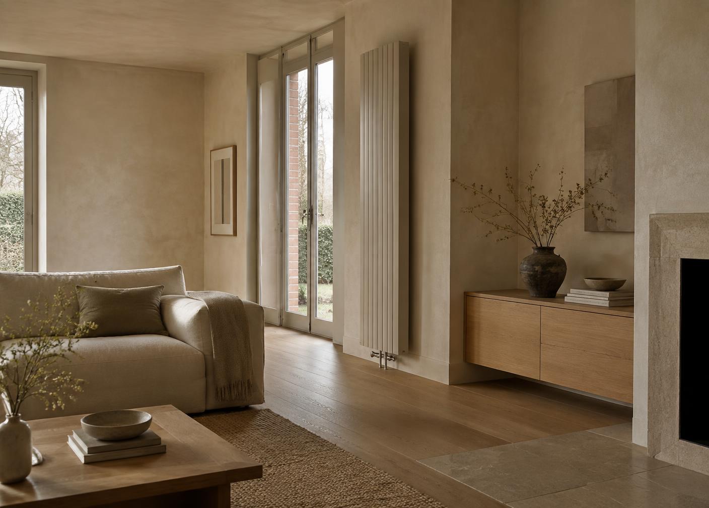 Illustratief interieur met een discreet geïntegreerde hedendaagse radiator